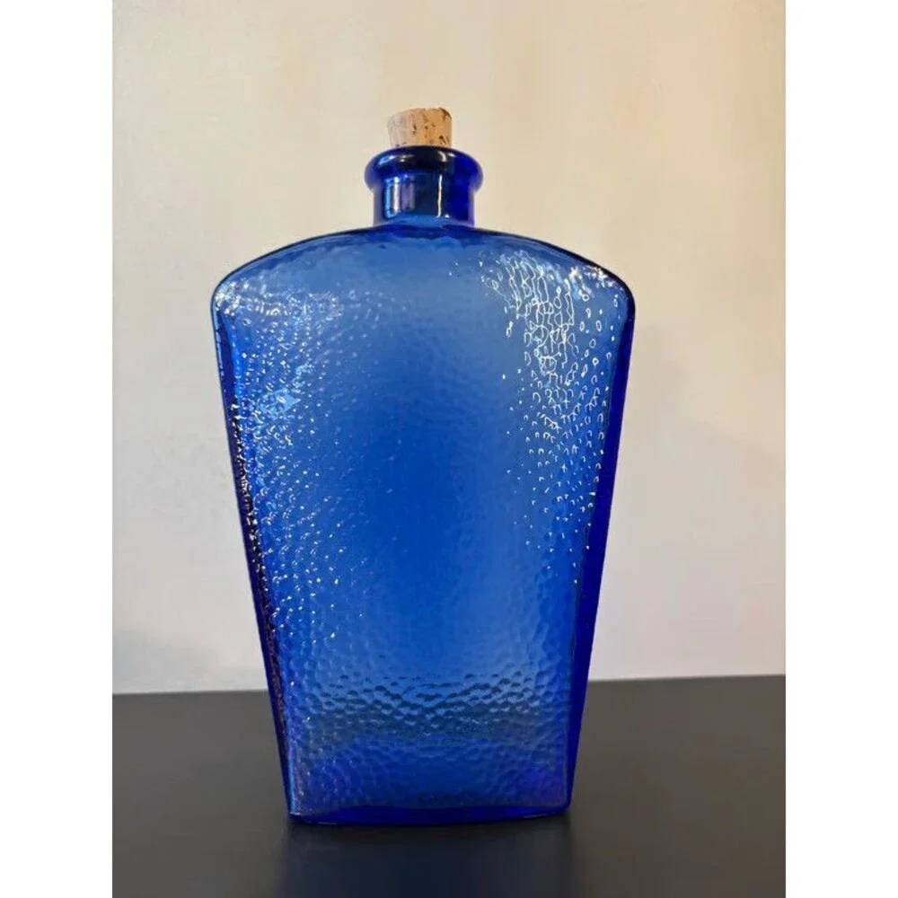 Libbey Cobalt Blue Glass Decanter Bottle Hammered Texture Cork Made in Canada